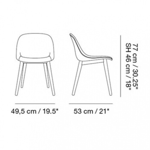 Muuto - Fiber Chair Stuhl gepolstert mit Holzgestell - Strichzeichnung